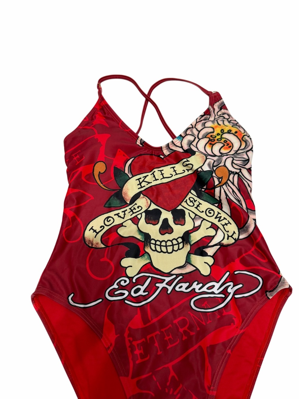 Ed Hardy Love Kills Slowly One Piece Swimsuit Red Skull Heart Tattoo Print M NWT